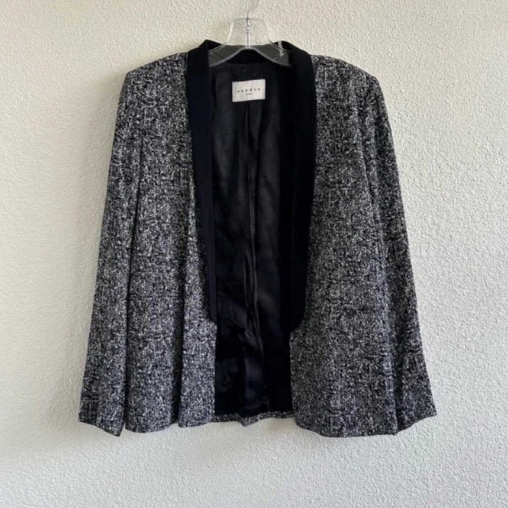 Sandro Paris Tweed Open Front Jacket Black Gray
